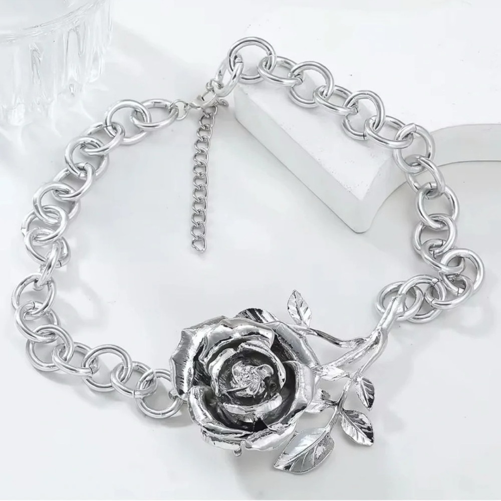 Rose Silver Elegance Bold Floral Statement Neckla… - image 4